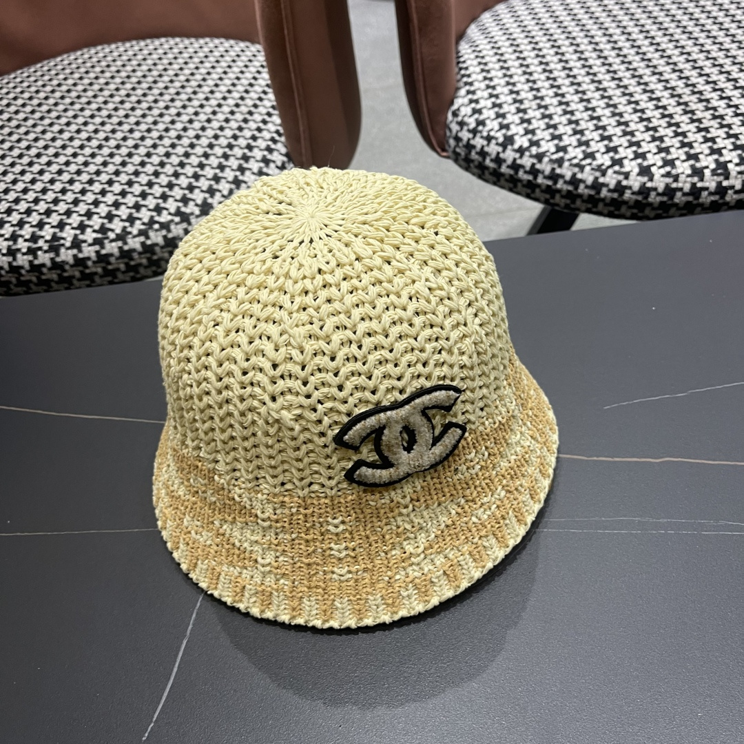  香奈儿Chanel日系拼色复古菱形格遮阳针织帽女春夏韩版百搭显
脸小素颜水桶帽潮