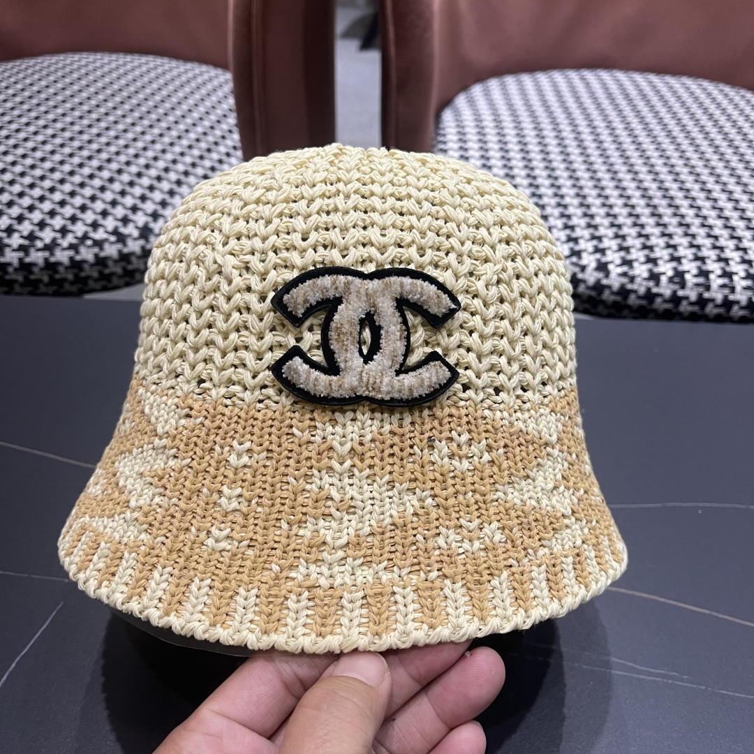  香奈儿Chanel日系拼色复古菱形格遮阳针织帽女春夏韩版百搭显
脸小素颜水桶帽潮