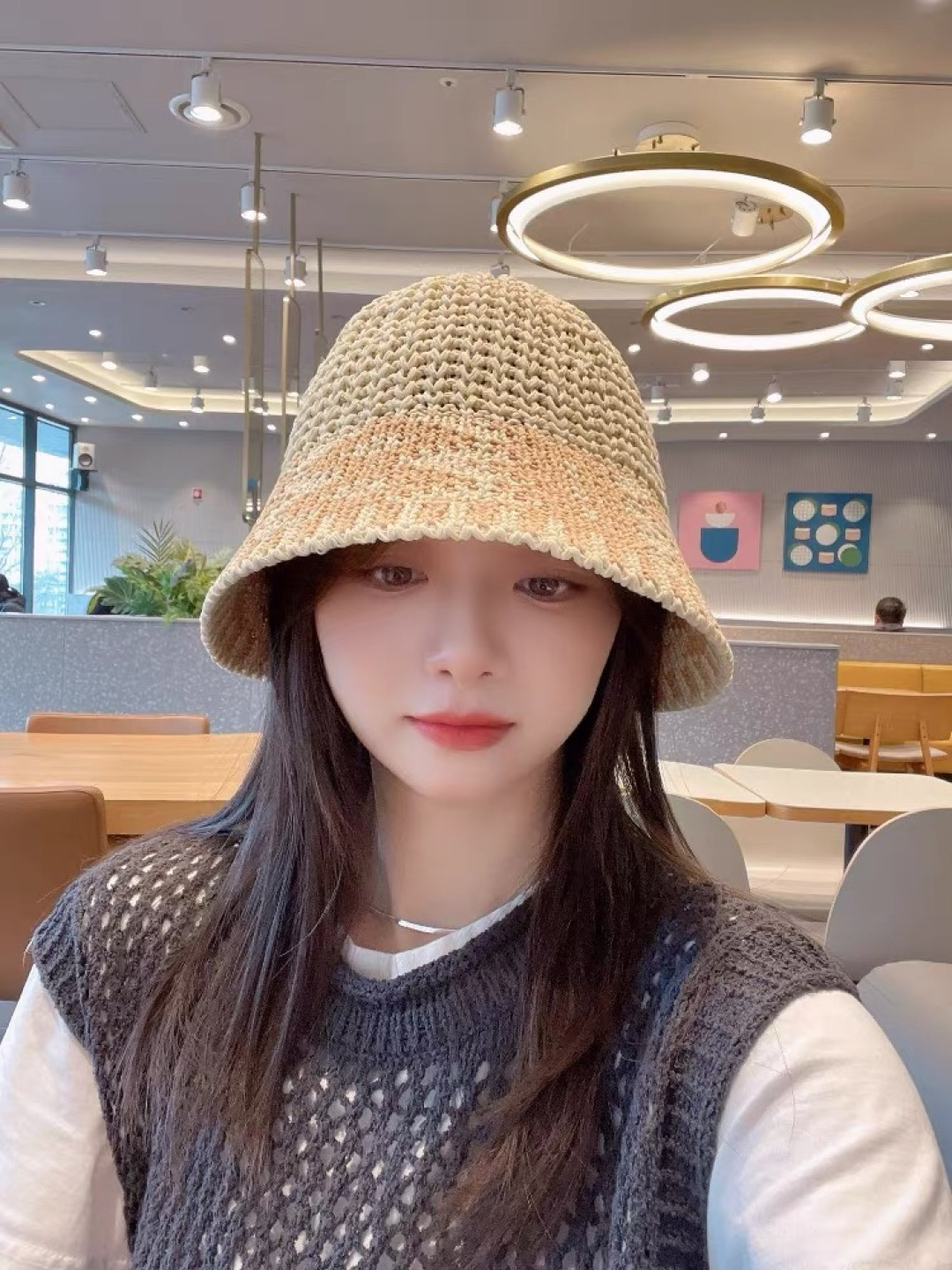  香奈儿Chanel日系拼色复古菱形格遮阳针织帽女春夏韩版百搭显
脸小素颜水桶帽潮