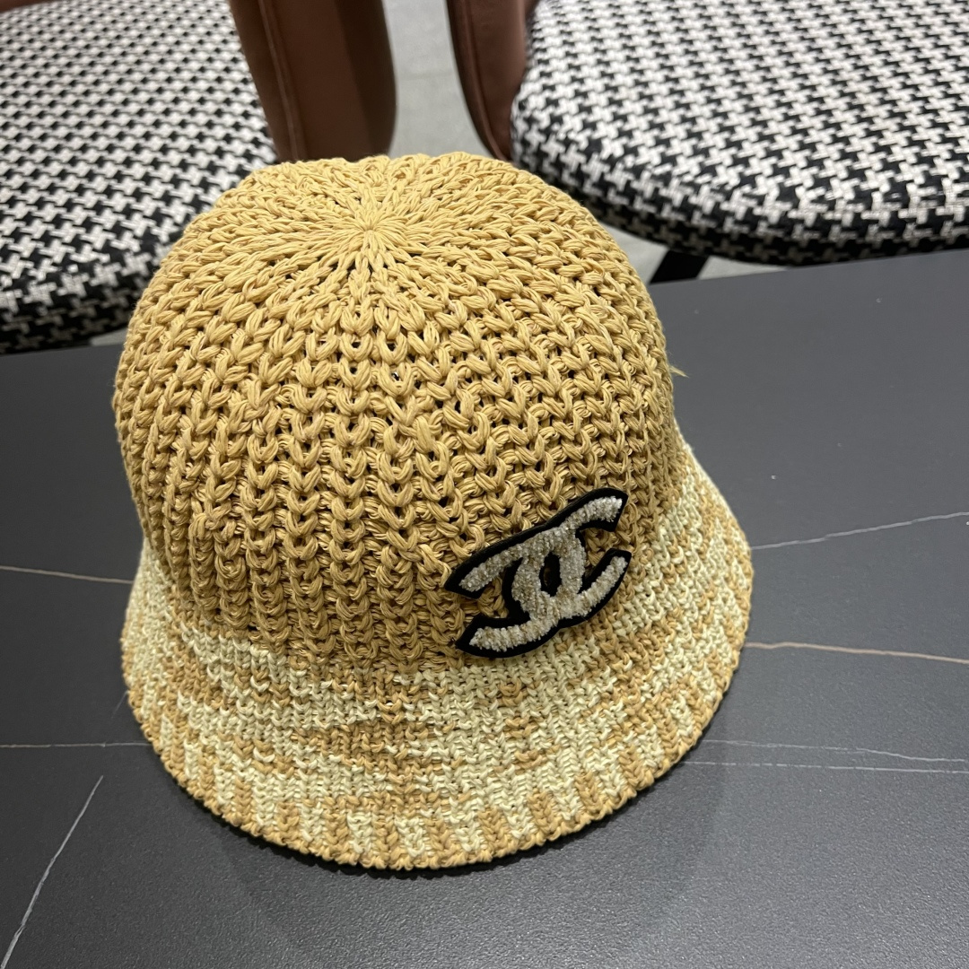  香奈儿Chanel日系拼色复古菱形格遮阳针织帽女春夏韩版百搭显
脸小素颜水桶帽潮