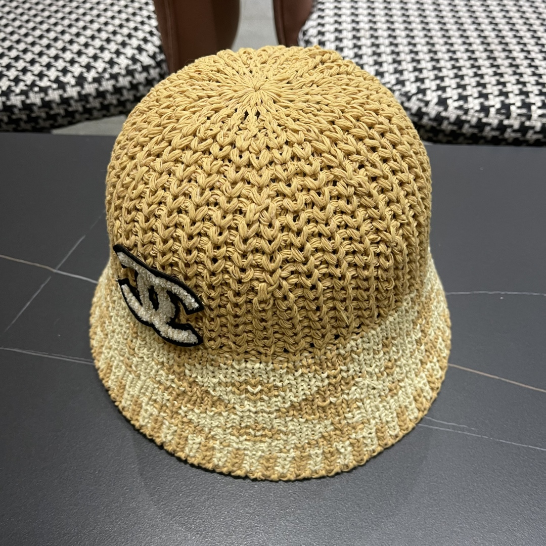  香奈儿Chanel日系拼色复古菱形格遮阳针织帽女春夏韩版百搭显
脸小素颜水桶帽潮