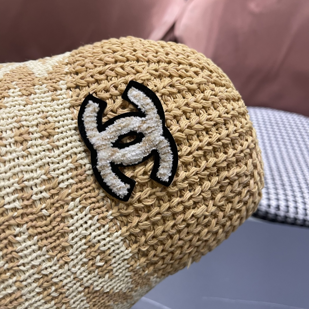  香奈儿Chanel日系拼色复古菱形格遮阳针织帽女春夏韩版百搭显
脸小素颜水桶帽潮