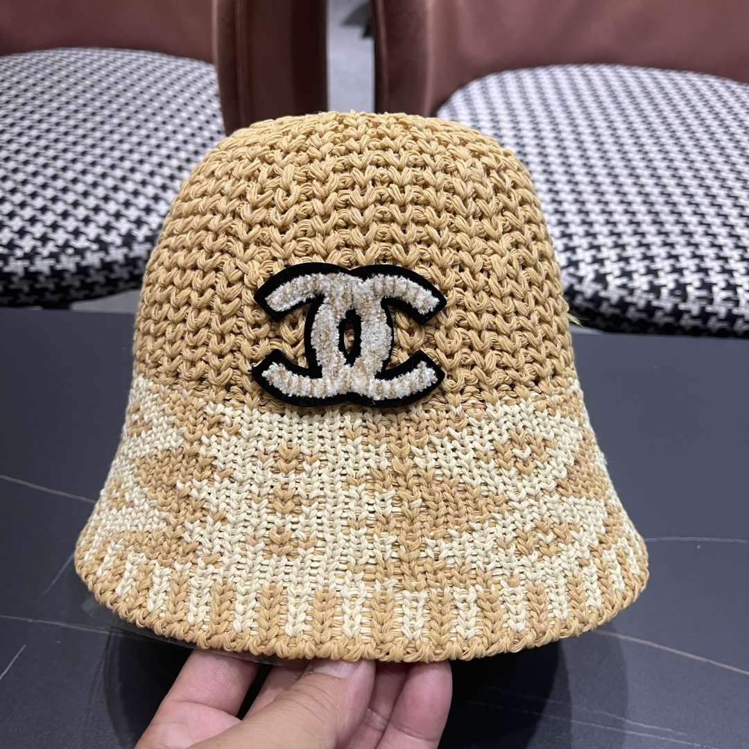  香奈儿Chanel日系拼色复古菱形格遮阳针织帽女春夏韩版百搭显
脸小素颜水桶帽潮