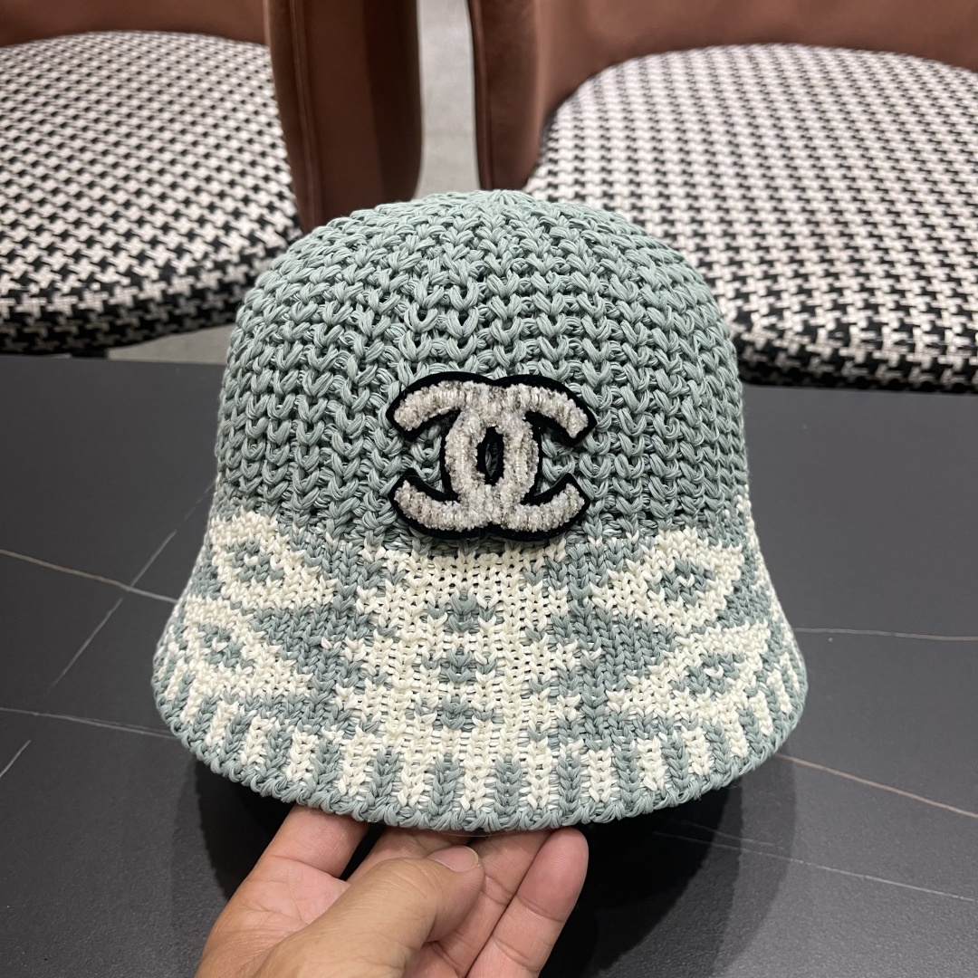  香奈儿Chanel日系拼色复古菱形格遮阳针织帽女春夏韩版百搭显
脸小素颜水桶帽潮