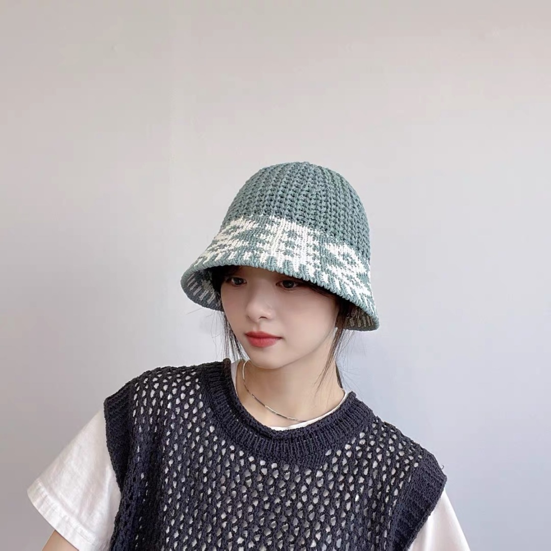  香奈儿Chanel日系拼色复古菱形格遮阳针织帽女春夏韩版百搭显
脸小素颜水桶帽潮