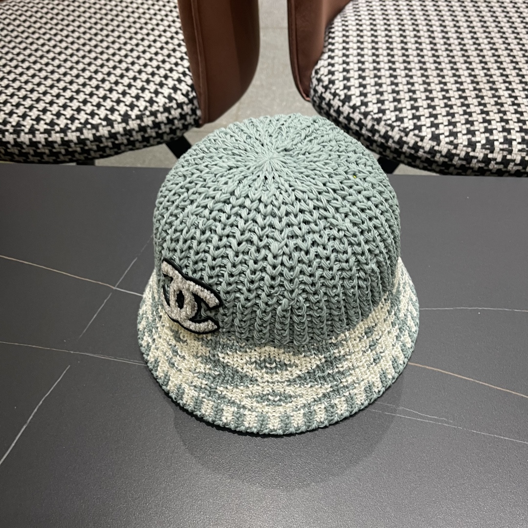  香奈儿Chanel日系拼色复古菱形格遮阳针织帽女春夏韩版百搭显
脸小素颜水桶帽潮