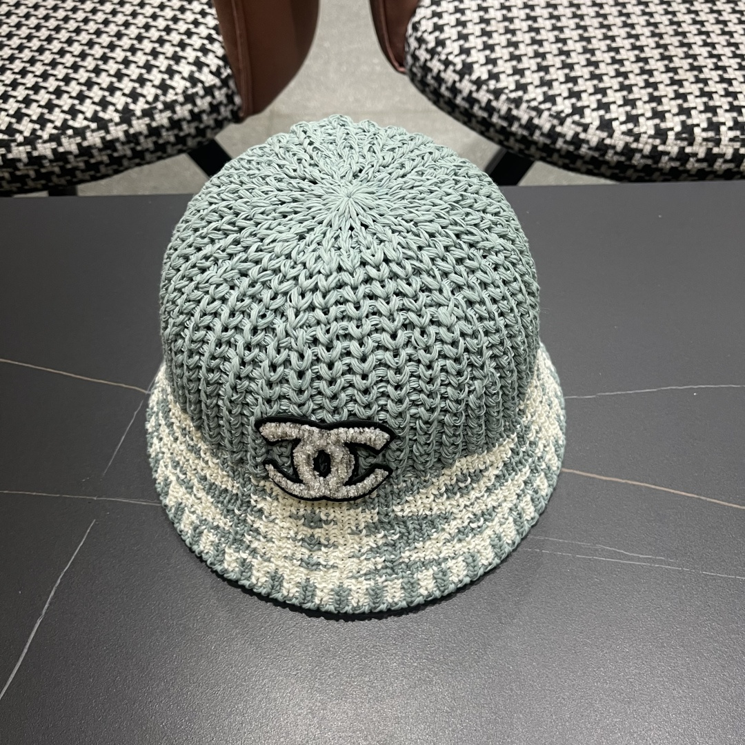  香奈儿Chanel日系拼色复古菱形格遮阳针织帽女春夏韩版百搭显
脸小素颜水桶帽潮