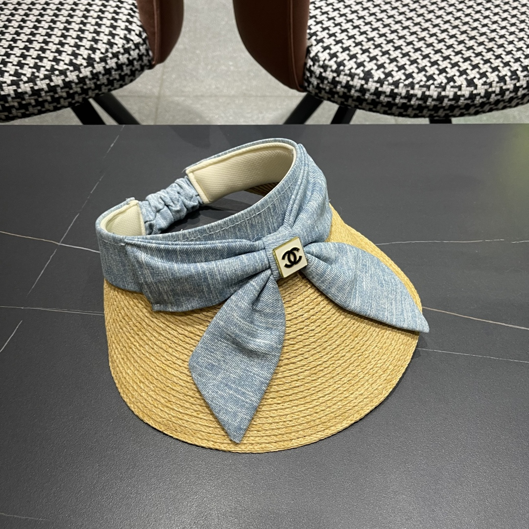  香奈儿CHANEL 2025新款蝴蝶结草编空顶帽女夏出游大
檐防紫外线遮阳太阳帽显脸小
