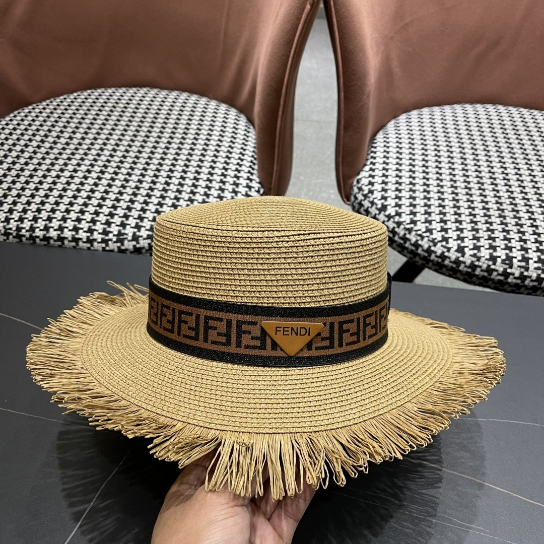 芬迪FENDI夏季防晒外贸大帽檐草帽女百搭新款遮阳帽防 太阳光遮脸太阳帽子