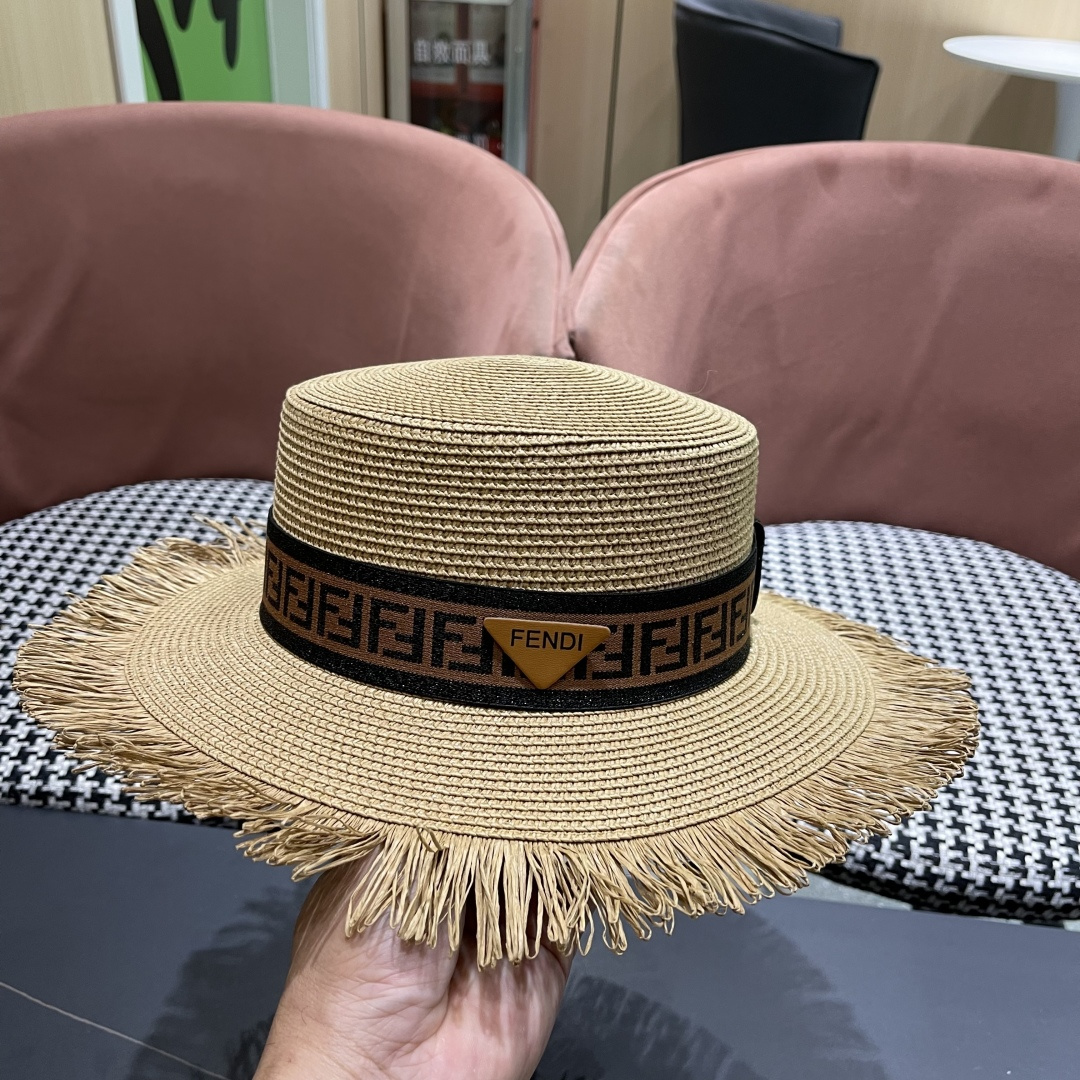 芬迪FENDI夏季防晒外贸大帽檐草帽女百搭新款遮阳帽防 太阳光遮脸太阳帽子