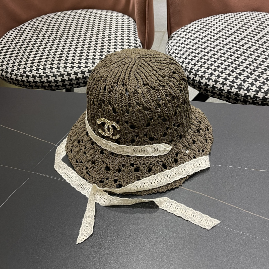  香奈儿Chanel 草帽女夏季时尚编织帽子赫本风蕾丝防晒帽复古百
搭镂空草帽沙滩帽