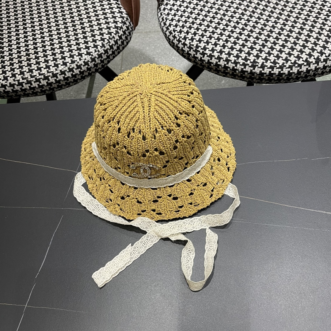  香奈儿Chanel 草帽女夏季时尚编织帽子赫本风蕾丝防晒帽复古百
搭镂空草帽沙滩帽
