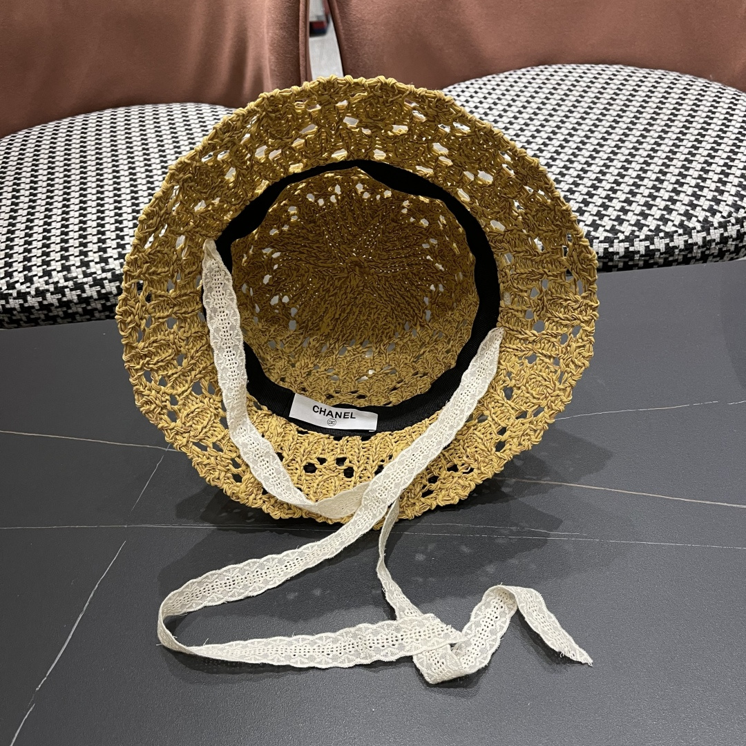  香奈儿Chanel 草帽女夏季时尚编织帽子赫本风蕾丝防晒帽复古百
搭镂空草帽沙滩帽