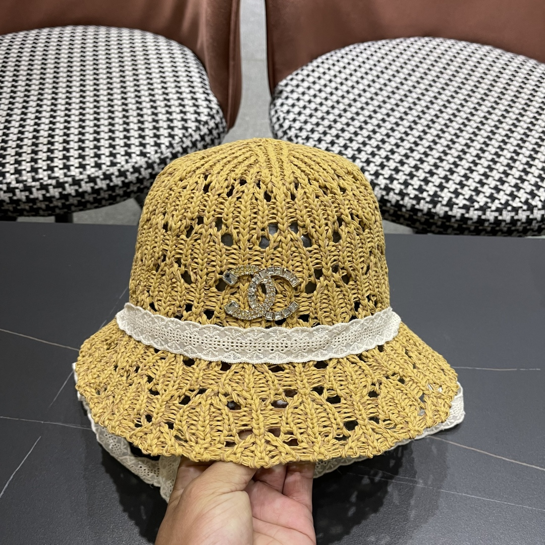  香奈儿Chanel 草帽女夏季时尚编织帽子赫本风蕾丝防晒帽复古百
搭镂空草帽沙滩帽