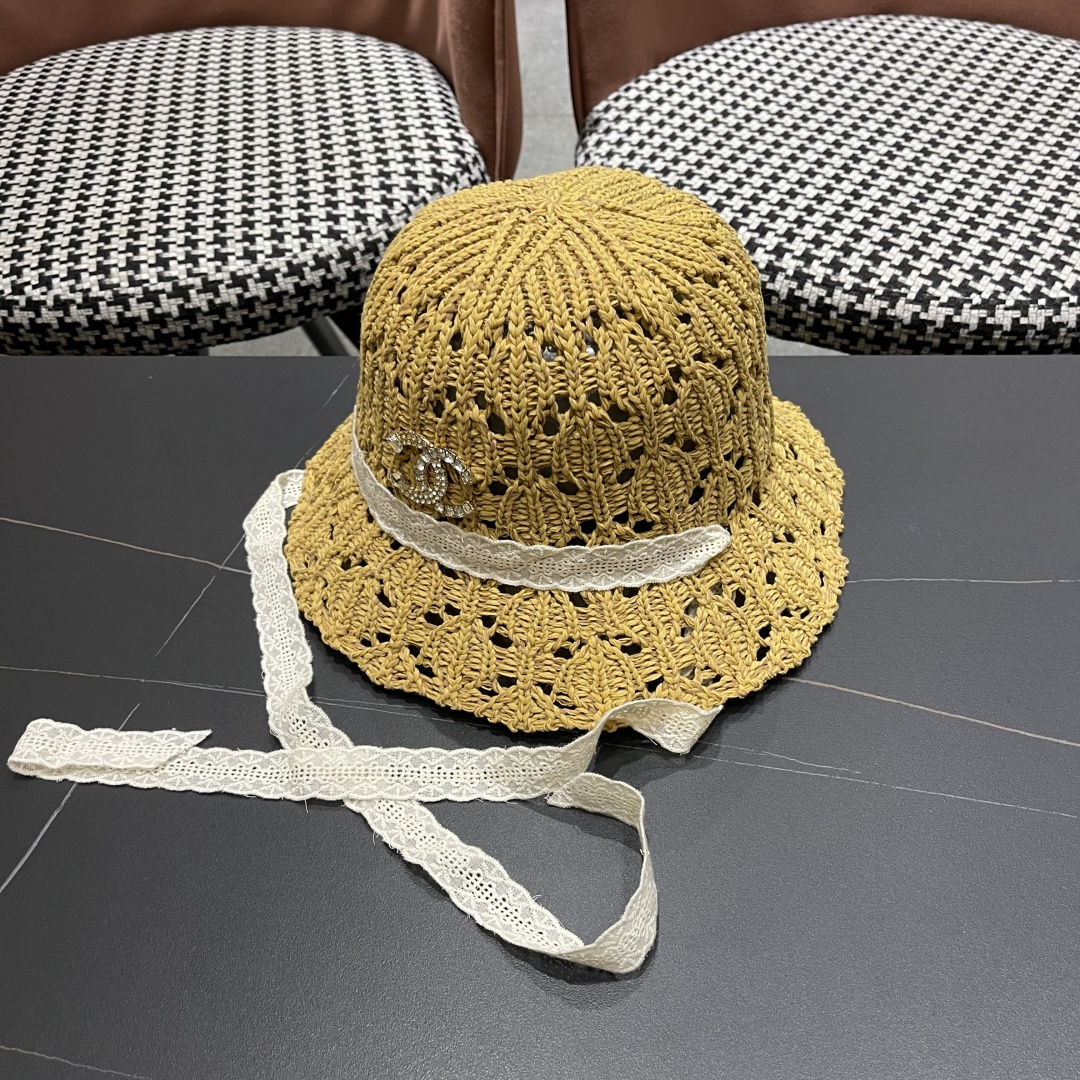  香奈儿Chanel 草帽女夏季时尚编织帽子赫本风蕾丝防晒帽复古百
搭镂空草帽沙滩帽
