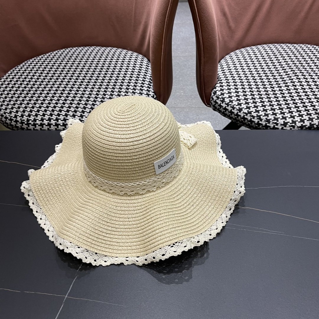  巴黎世家 BALENClAGA法式花边蕾丝草帽女夏凉帽防晒海边沙滩遮阳
帽大帽草编渔夫太阳帽
