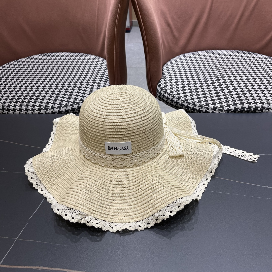  巴黎世家 BALENClAGA法式花边蕾丝草帽女夏凉帽防晒海边沙滩遮阳
帽大帽草编渔夫太阳帽