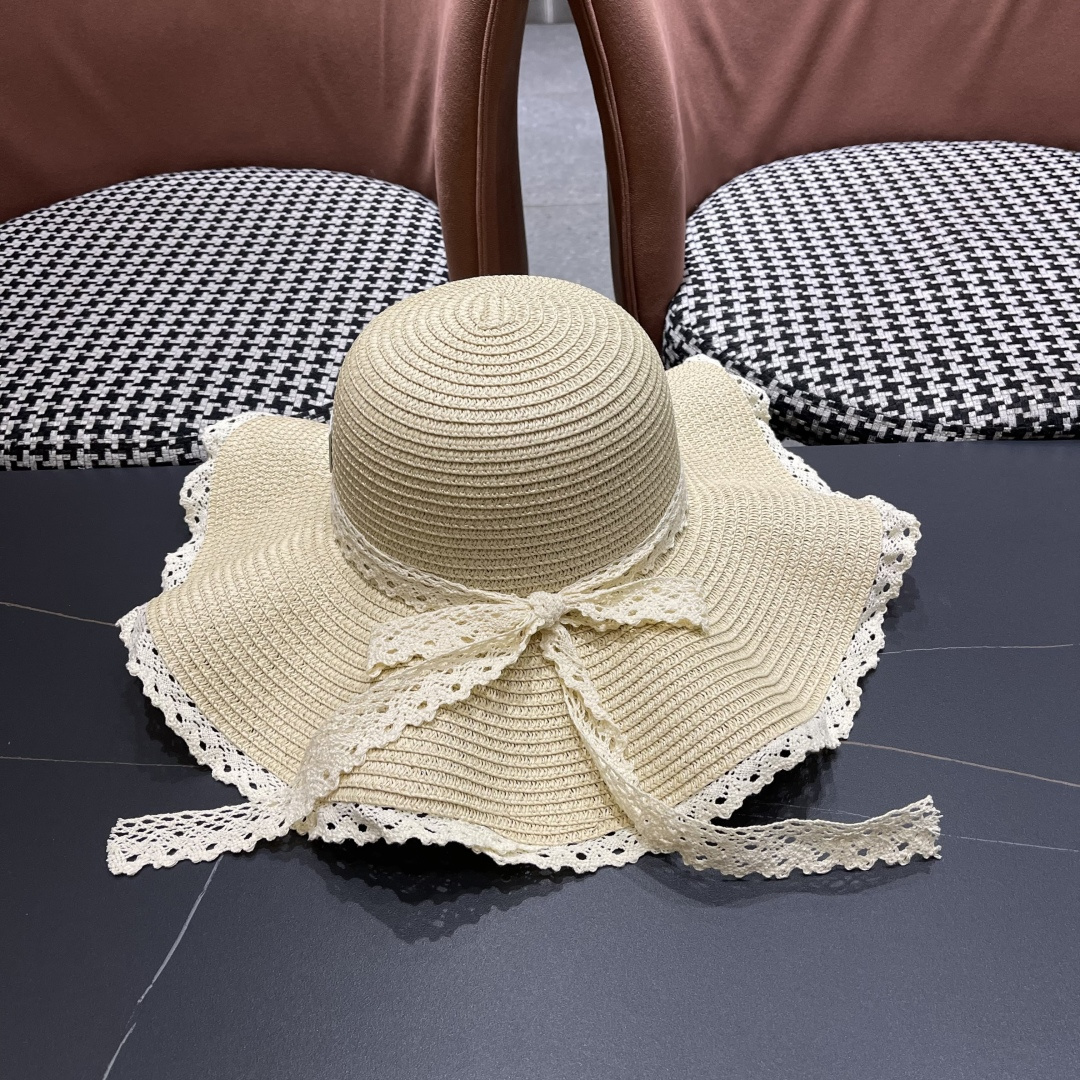  巴黎世家 BALENClAGA法式花边蕾丝草帽女夏凉帽防晒海边沙滩遮阳
帽大帽草编渔夫太阳帽
