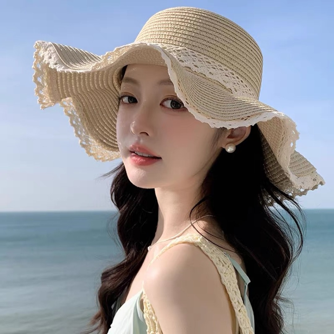  巴黎世家 BALENClAGA法式花边蕾丝草帽女夏凉帽防晒海边沙滩遮阳
帽大帽草编渔夫太阳帽