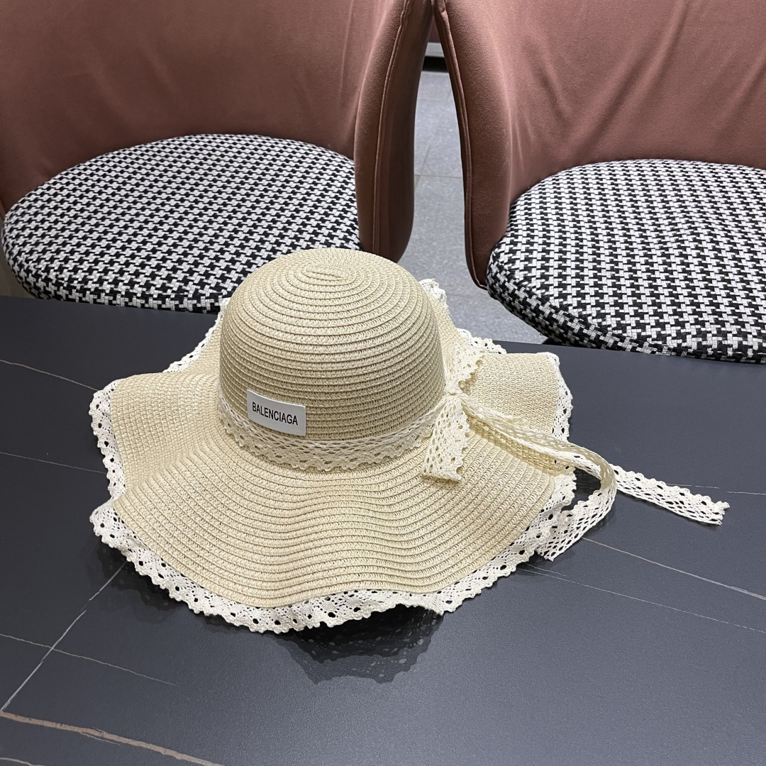  巴黎世家 BALENClAGA法式花边蕾丝草帽女夏凉帽防晒海边沙滩遮阳
帽大帽草编渔夫太阳帽
