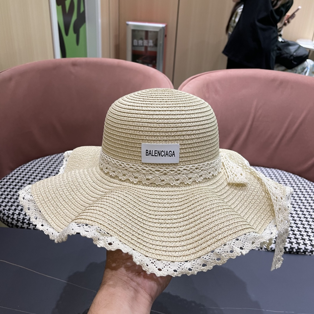  巴黎世家 BALENClAGA法式花边蕾丝草帽女夏凉帽防晒海边沙滩遮阳
帽大帽草编渔夫太阳帽