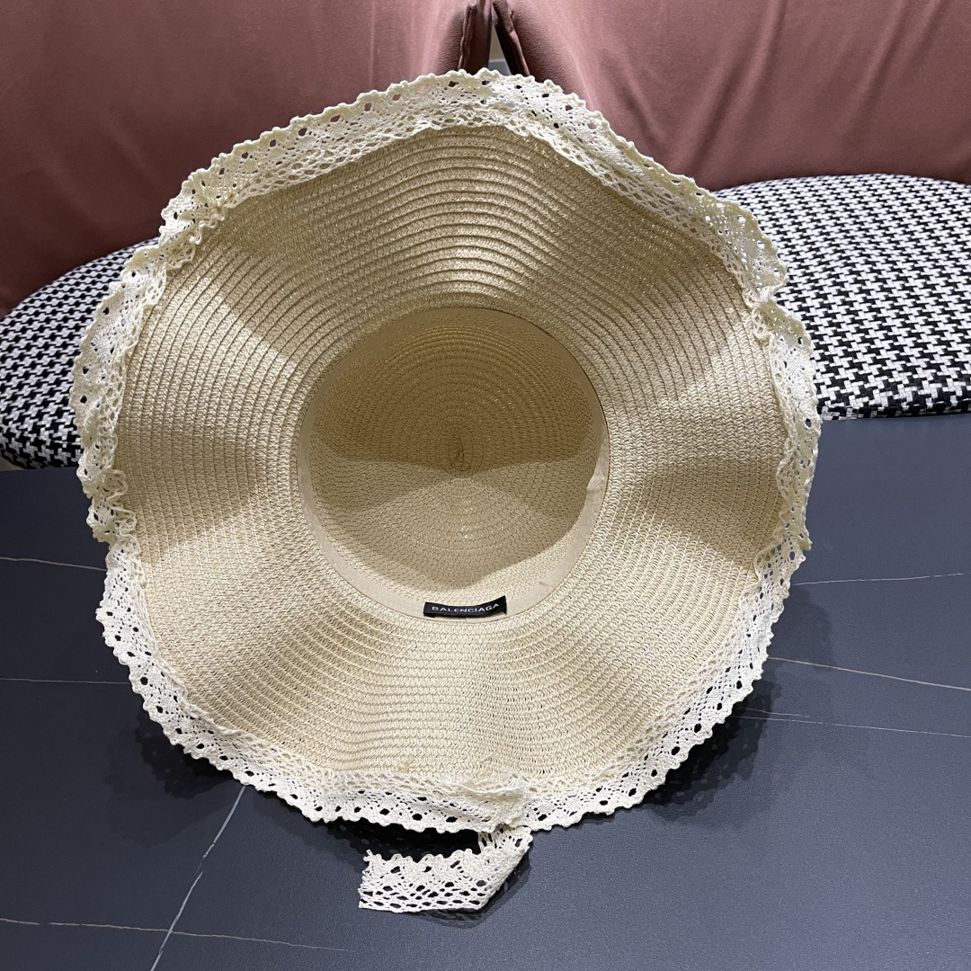  巴黎世家 BALENClAGA法式花边蕾丝草帽女夏凉帽防晒海边沙滩遮阳
帽大帽草编渔夫太阳帽