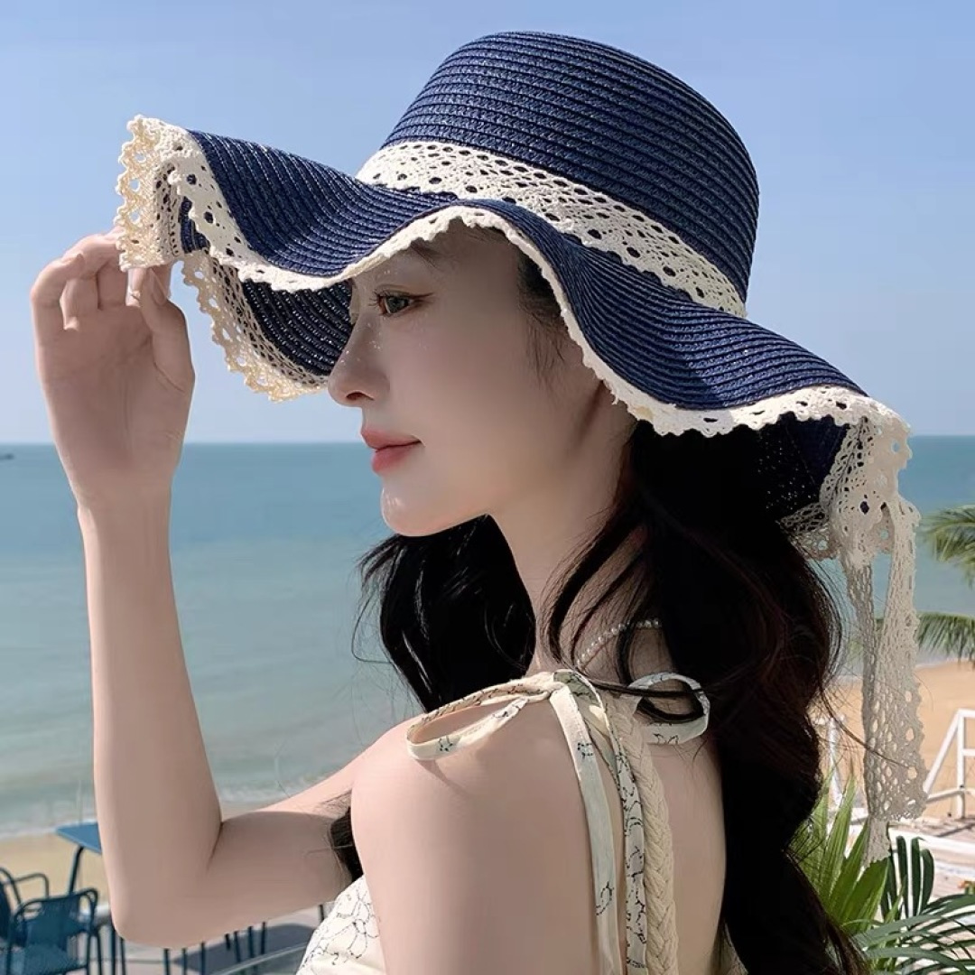  巴黎世家 BALENClAGA法式花边蕾丝草帽女夏凉帽防晒海边沙滩遮阳
帽大帽草编渔夫太阳帽