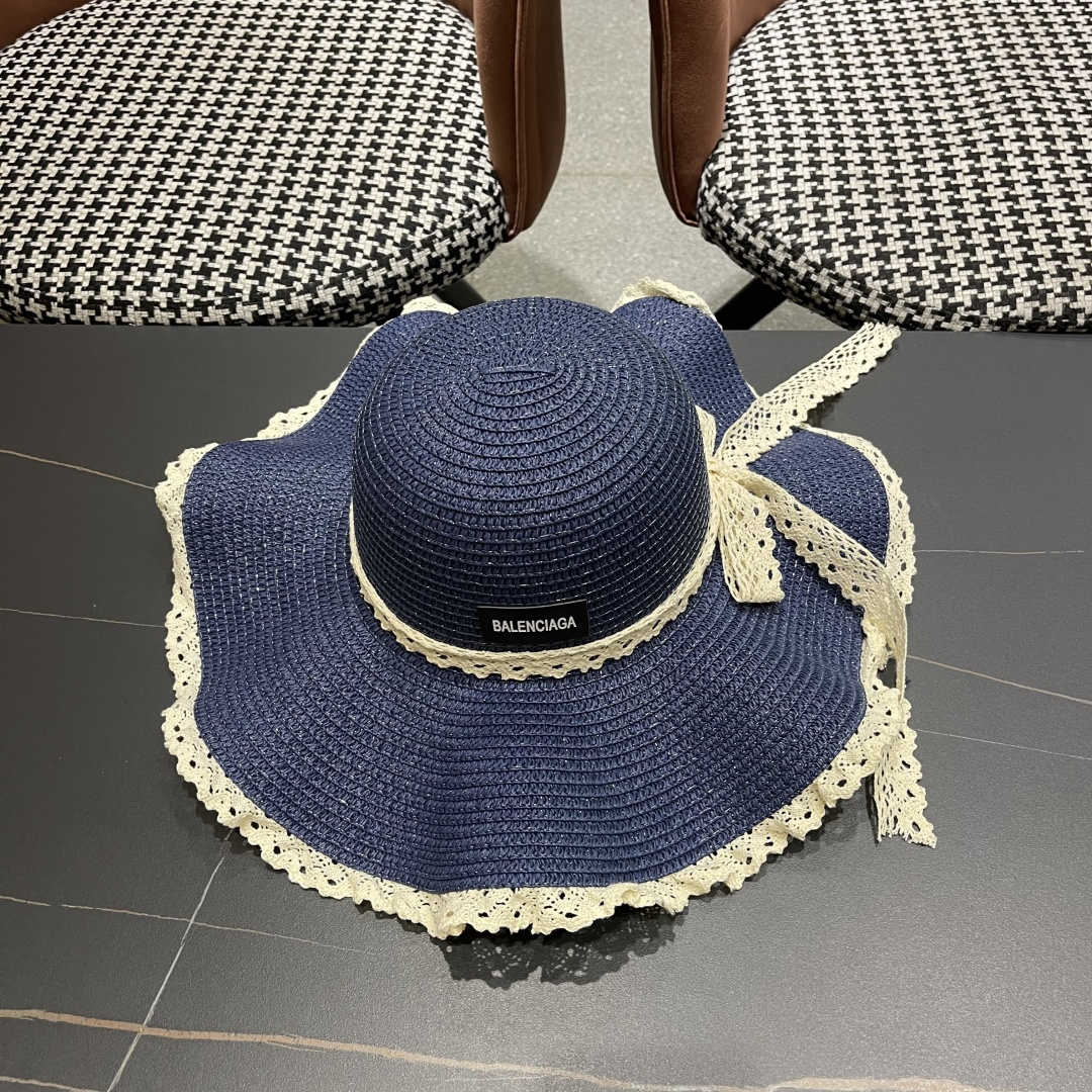  巴黎世家 BALENClAGA法式花边蕾丝草帽女夏凉帽防晒海边沙滩遮阳
帽大帽草编渔夫太阳帽