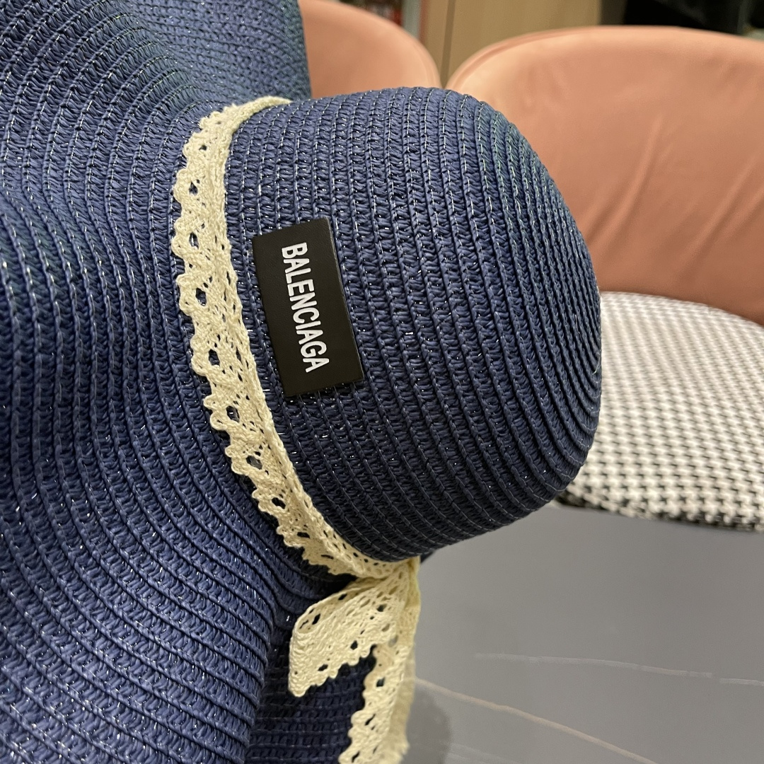  巴黎世家 BALENClAGA法式花边蕾丝草帽女夏凉帽防晒海边沙滩遮阳
帽大帽草编渔夫太阳帽