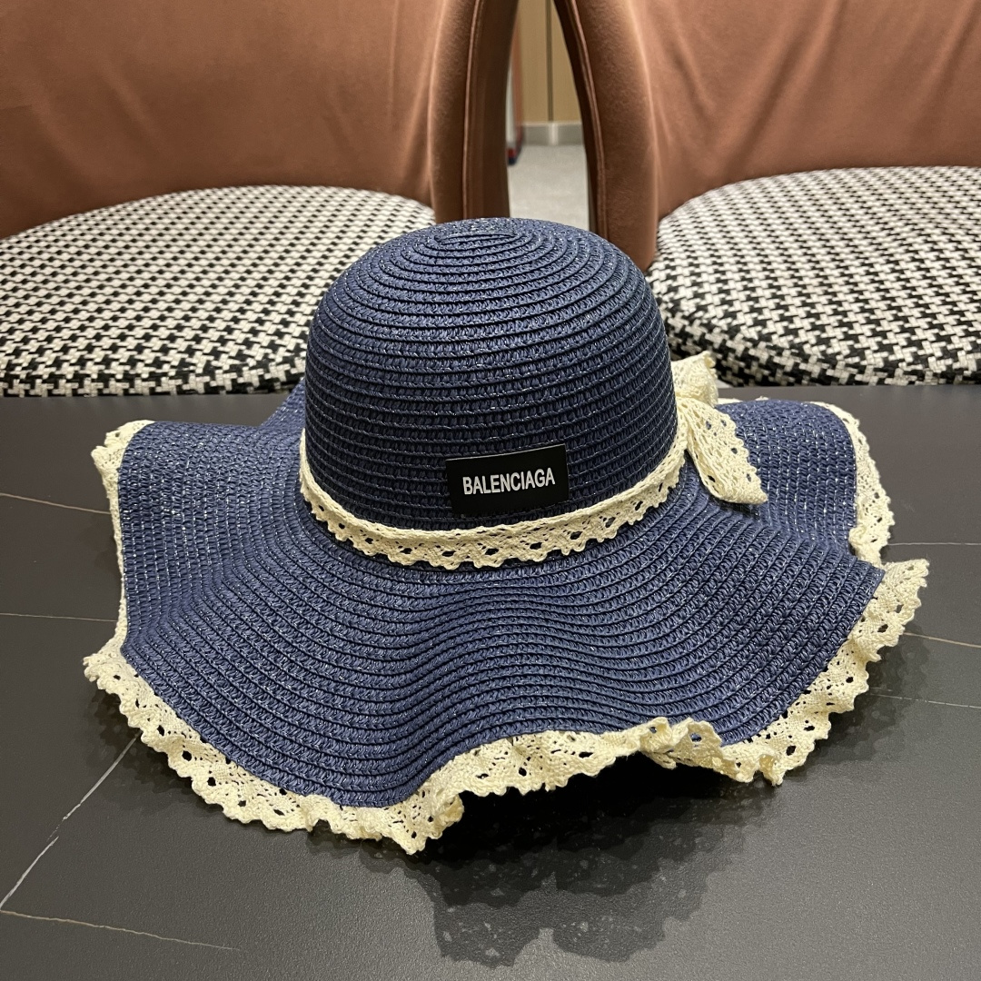  巴黎世家 BALENClAGA法式花边蕾丝草帽女夏凉帽防晒海边沙滩遮阳
帽大帽草编渔夫太阳帽
