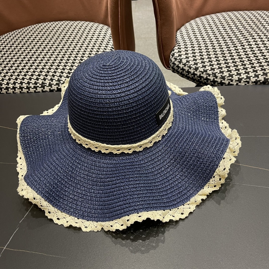  巴黎世家 BALENClAGA法式花边蕾丝草帽女夏凉帽防晒海边沙滩遮阳
帽大帽草编渔夫太阳帽