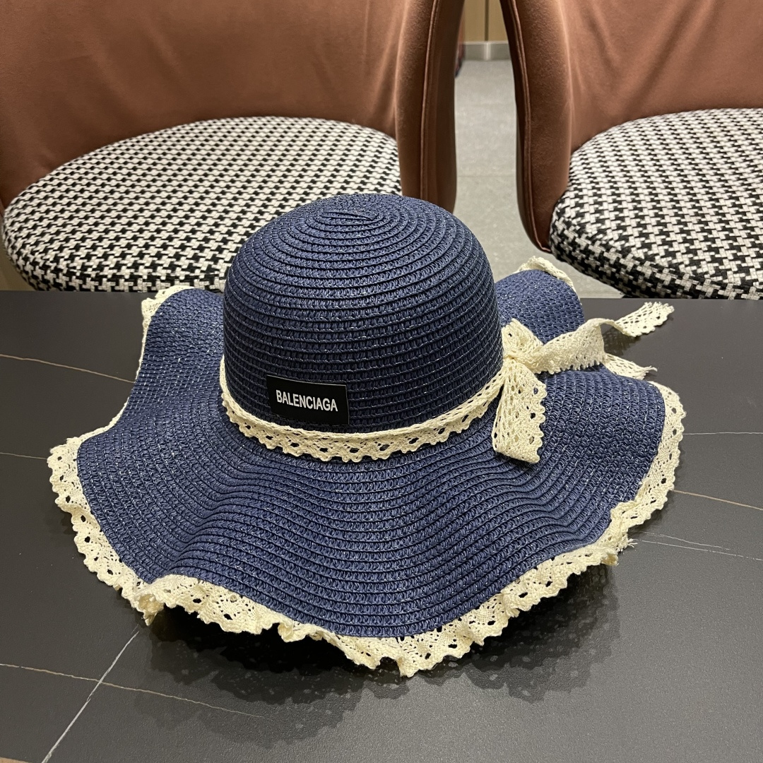  巴黎世家 BALENClAGA法式花边蕾丝草帽女夏凉帽防晒海边沙滩遮阳
帽大帽草编渔夫太阳帽