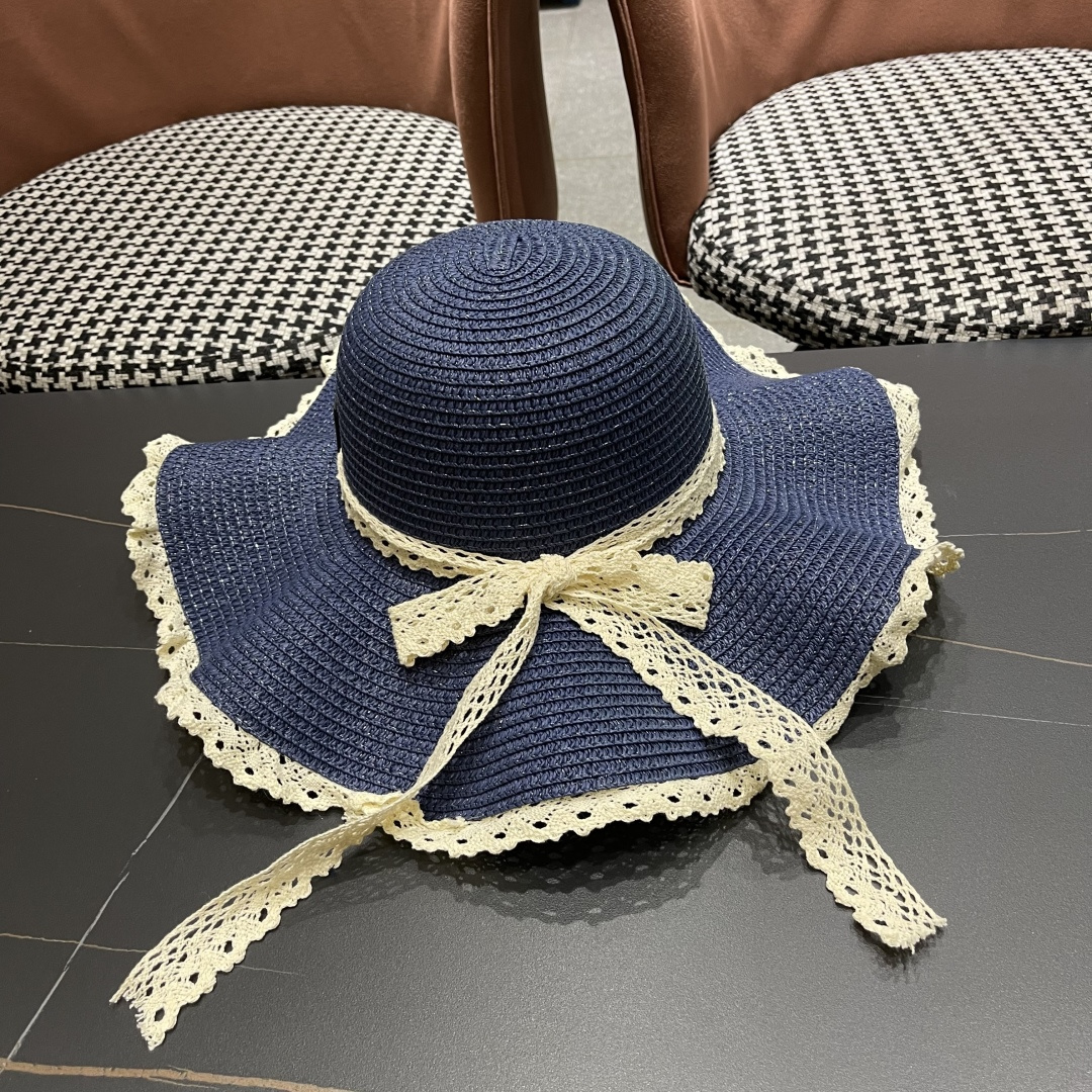  巴黎世家 BALENClAGA法式花边蕾丝草帽女夏凉帽防晒海边沙滩遮阳
帽大帽草编渔夫太阳帽