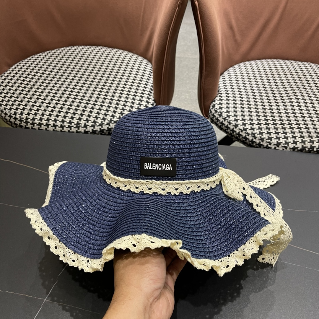  巴黎世家 BALENClAGA法式花边蕾丝草帽女夏凉帽防晒海边沙滩遮阳
帽大帽草编渔夫太阳帽