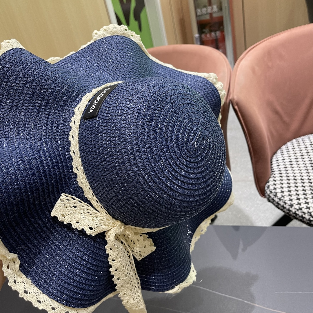  巴黎世家 BALENClAGA法式花边蕾丝草帽女夏凉帽防晒海边沙滩遮阳
帽大帽草编渔夫太阳帽