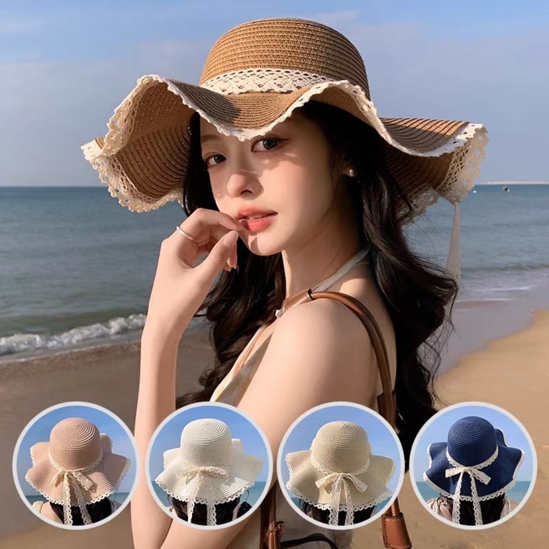  巴黎世家 BALENClAGA法式花边蕾丝草帽女夏凉帽防晒海边沙滩遮阳
帽大帽草编渔夫太阳帽