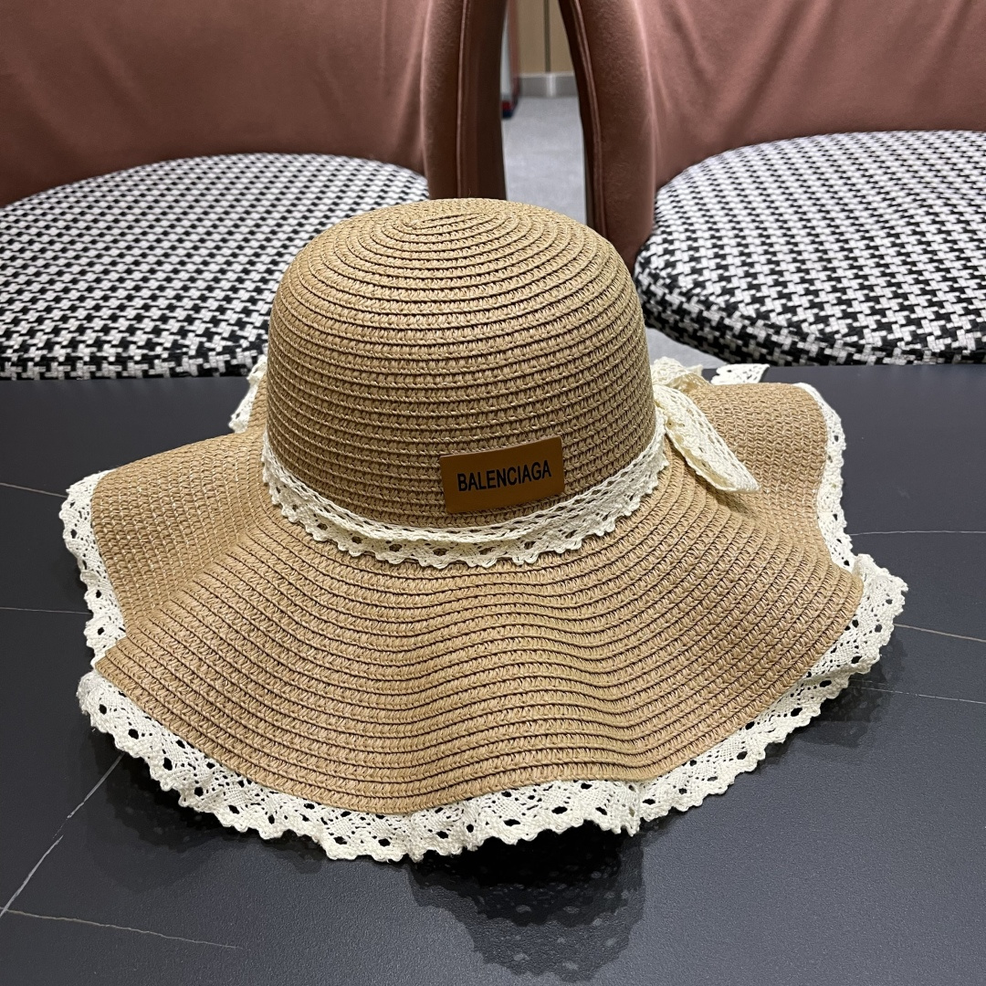  巴黎世家 BALENClAGA法式花边蕾丝草帽女夏凉帽防晒海边沙滩遮阳
帽大帽草编渔夫太阳帽