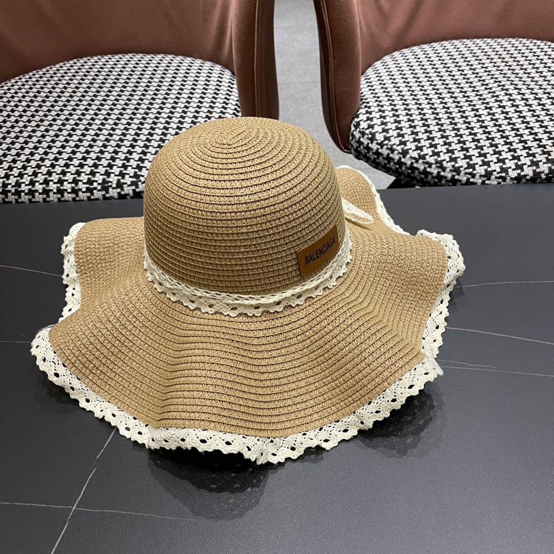  巴黎世家 BALENClAGA法式花边蕾丝草帽女夏凉帽防晒海边沙滩遮阳
帽大帽草编渔夫太阳帽