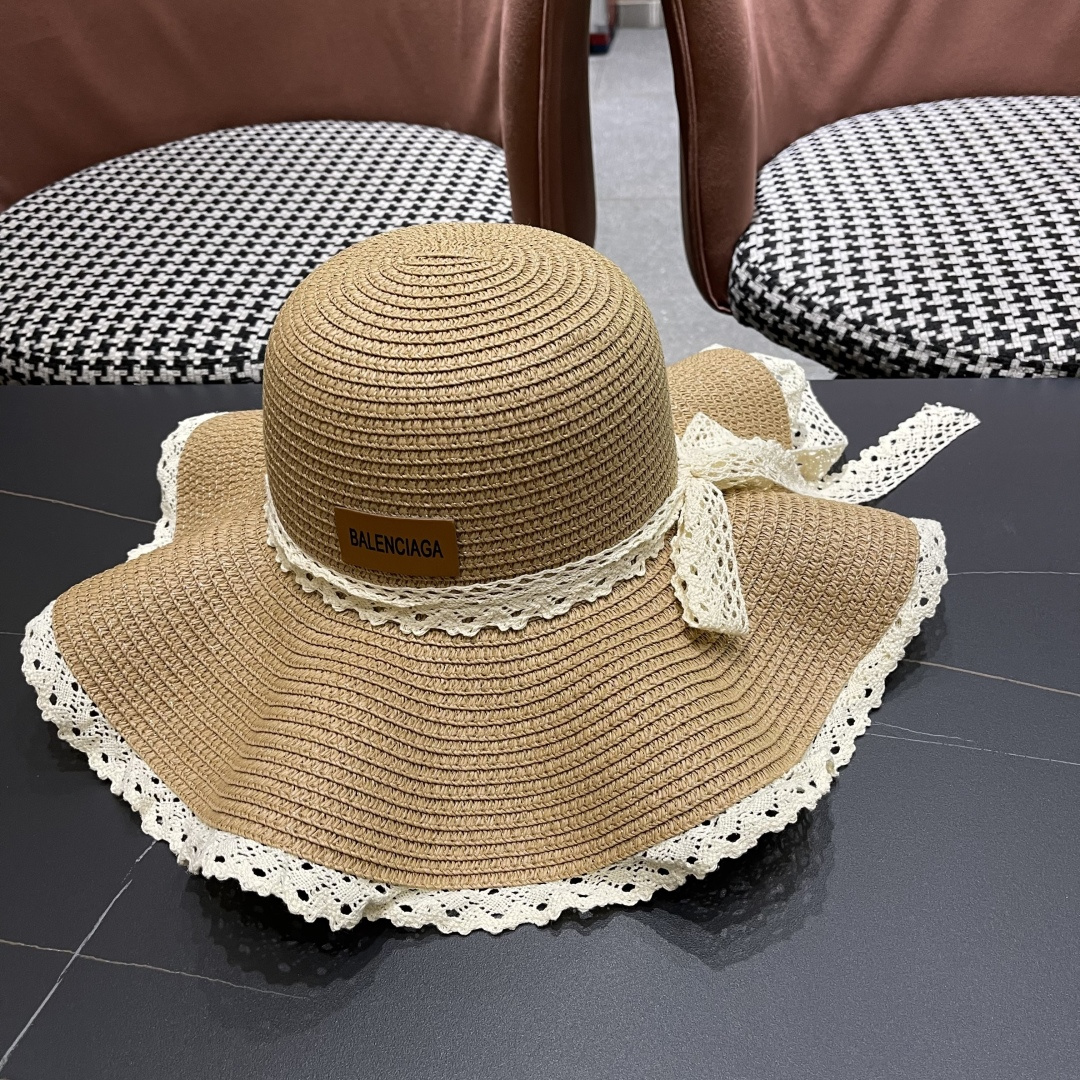  巴黎世家 BALENClAGA法式花边蕾丝草帽女夏凉帽防晒海边沙滩遮阳
帽大帽草编渔夫太阳帽