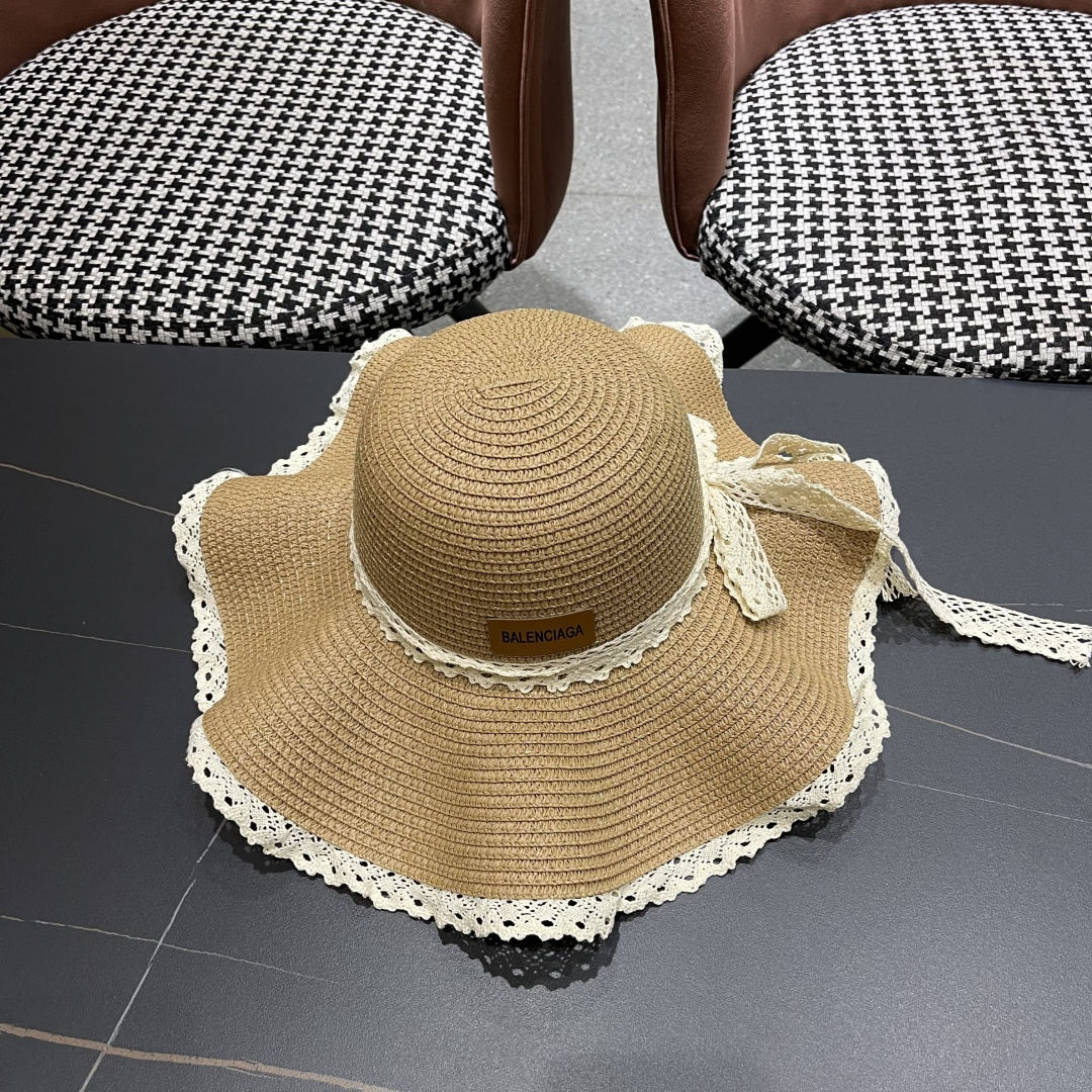  巴黎世家 BALENClAGA法式花边蕾丝草帽女夏凉帽防晒海边沙滩遮阳
帽大帽草编渔夫太阳帽