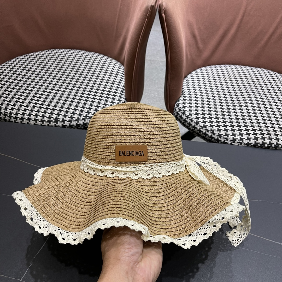  巴黎世家 BALENClAGA法式花边蕾丝草帽女夏凉帽防晒海边沙滩遮阳
帽大帽草编渔夫太阳帽