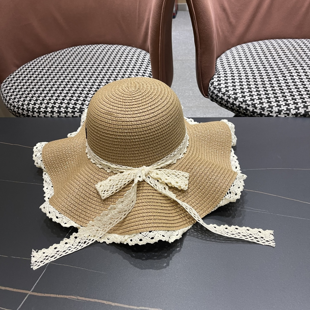  巴黎世家 BALENClAGA法式花边蕾丝草帽女夏凉帽防晒海边沙滩遮阳
帽大帽草编渔夫太阳帽