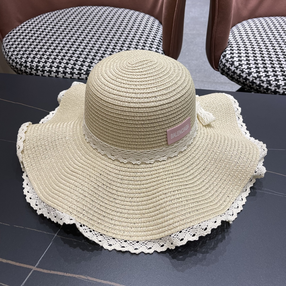  巴黎世家 BALENClAGA法式花边蕾丝草帽女夏凉帽防晒海边沙滩遮阳
帽大帽草编渔夫太阳帽