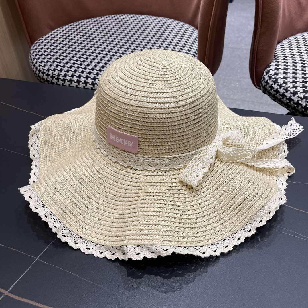  巴黎世家 BALENClAGA法式花边蕾丝草帽女夏凉帽防晒海边沙滩遮阳
帽大帽草编渔夫太阳帽
