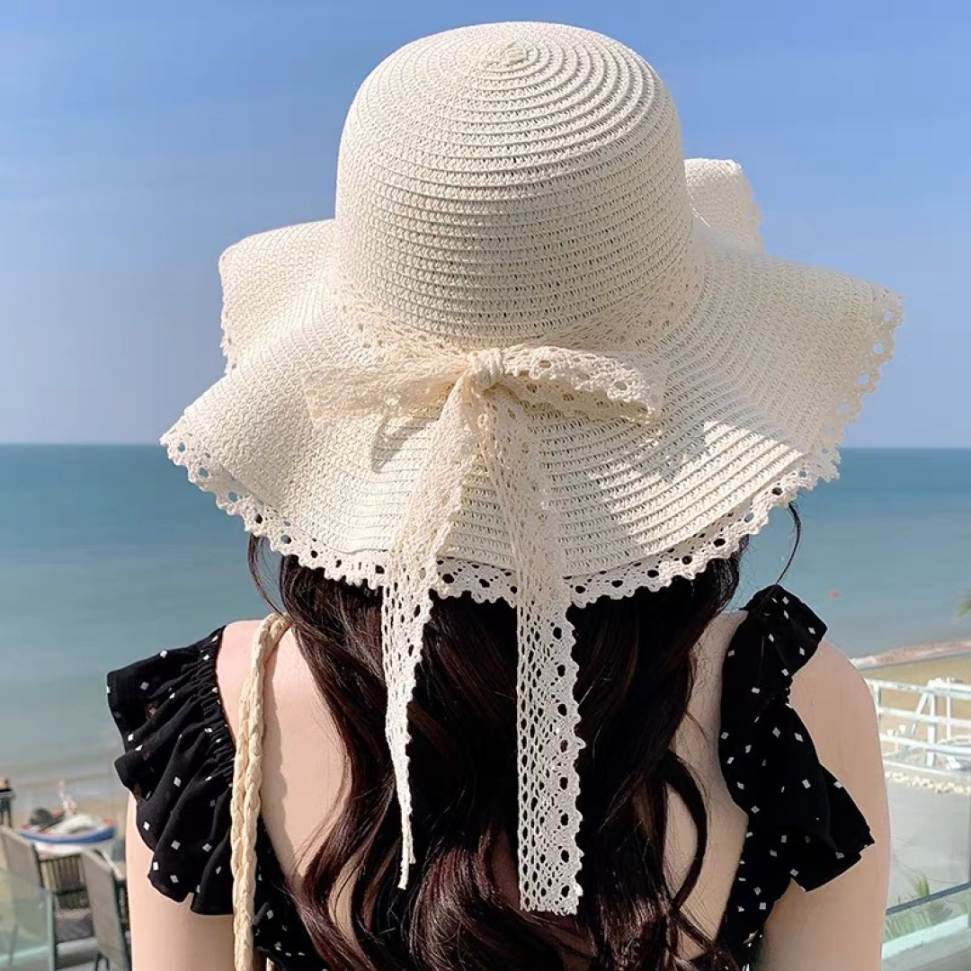  巴黎世家 BALENClAGA法式花边蕾丝草帽女夏凉帽防晒海边沙滩遮阳
帽大帽草编渔夫太阳帽