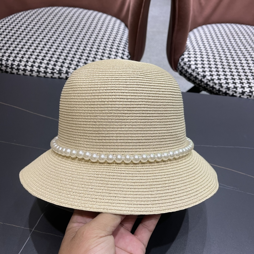  迪奥Dior草帽法式复古大珍珠蝴蝶结防晒草帽女
夏季遮阳盆帽渔夫帽可折叠
