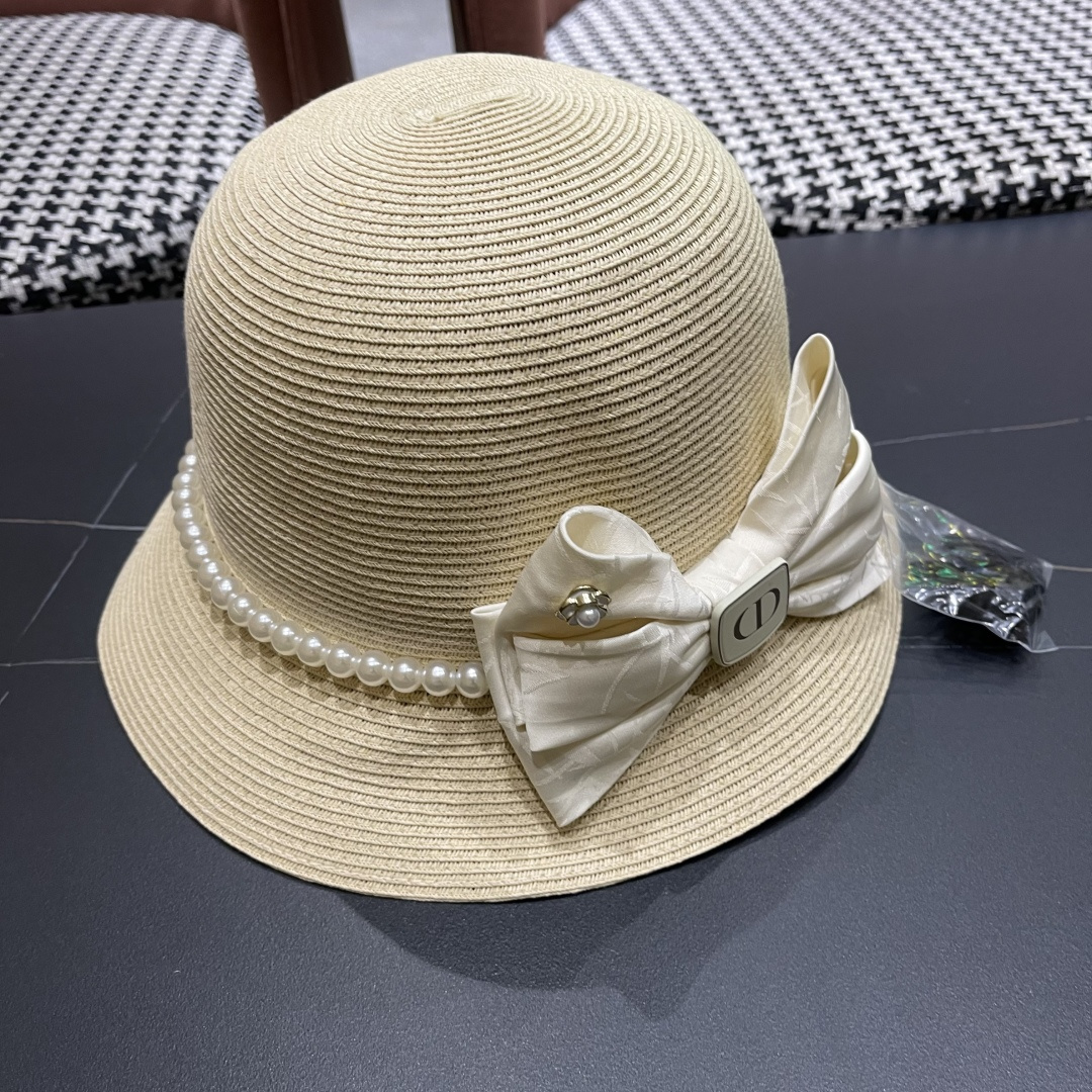  迪奥Dior草帽法式复古大珍珠蝴蝶结防晒草帽女
夏季遮阳盆帽渔夫帽可折叠