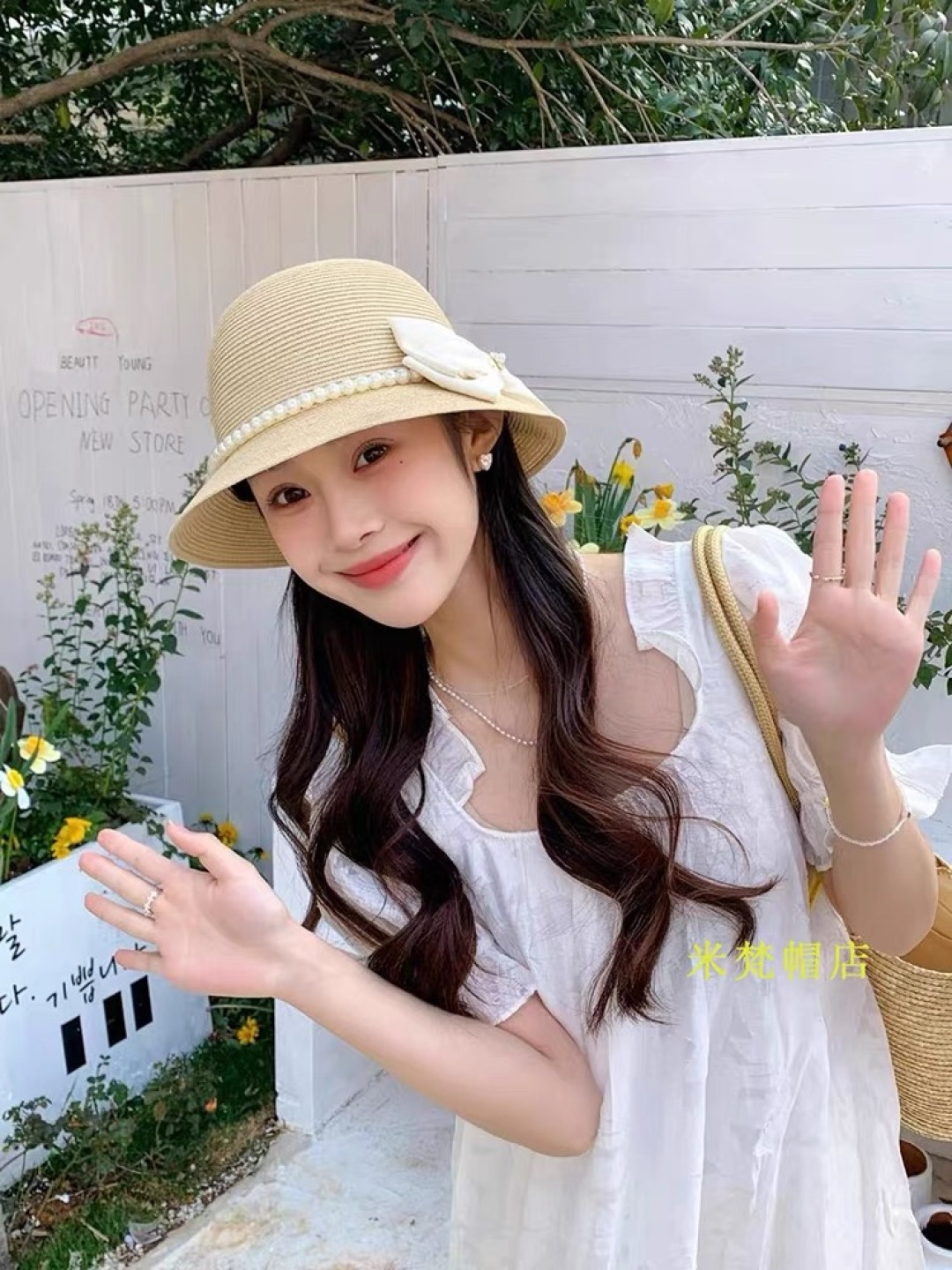  迪奥Dior草帽法式复古大珍珠蝴蝶结防晒草帽女
夏季遮阳盆帽渔夫帽可折叠