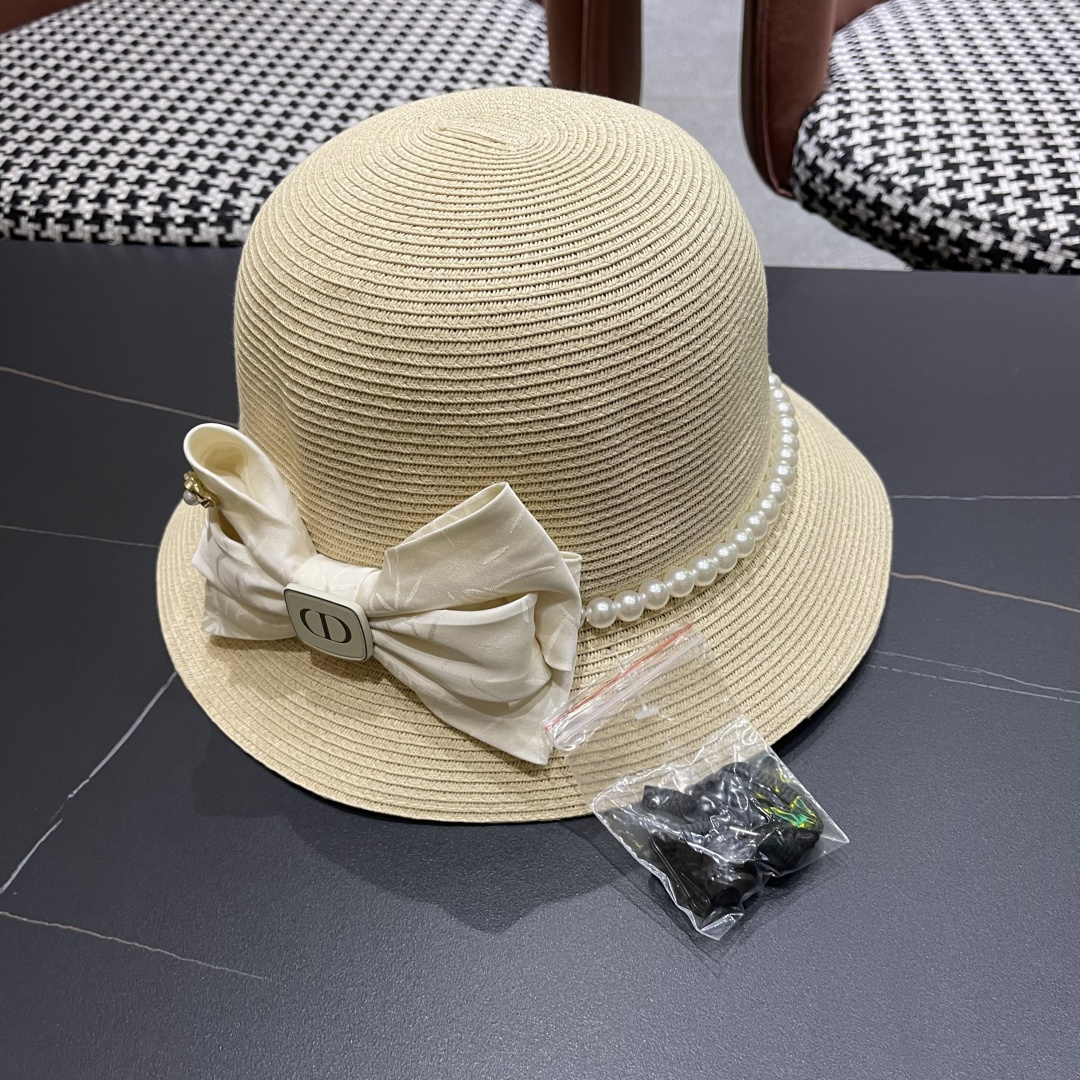  迪奥Dior草帽法式复古大珍珠蝴蝶结防晒草帽女
夏季遮阳盆帽渔夫帽可折叠