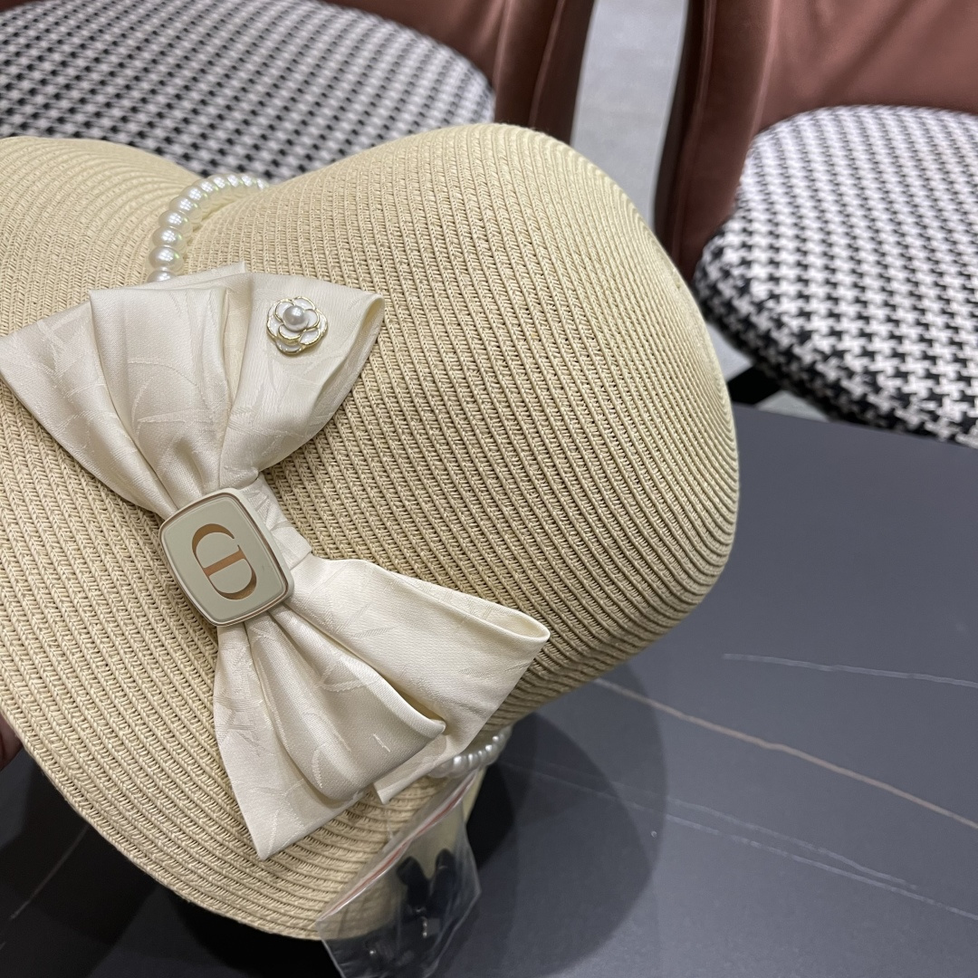  迪奥Dior草帽法式复古大珍珠蝴蝶结防晒草帽女
夏季遮阳盆帽渔夫帽可折叠